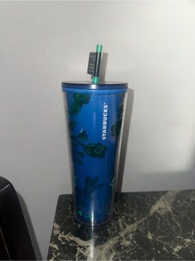 Starbucks Blue and Green Floral Reusable Tumbler with Straw